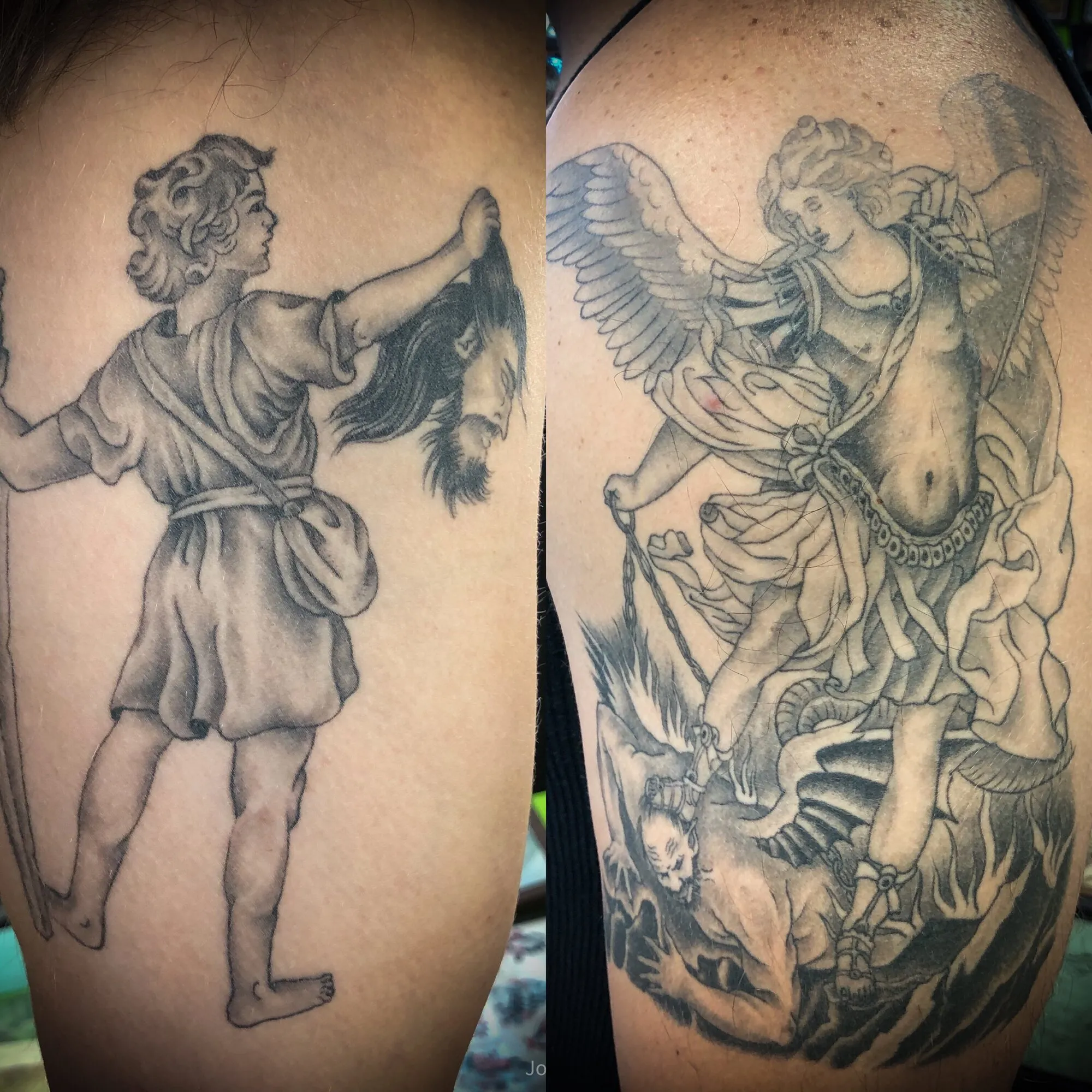 Black and grey archangel Michael religious arm tattoo shown from two angles by Josh Robinson in Dallas, TX