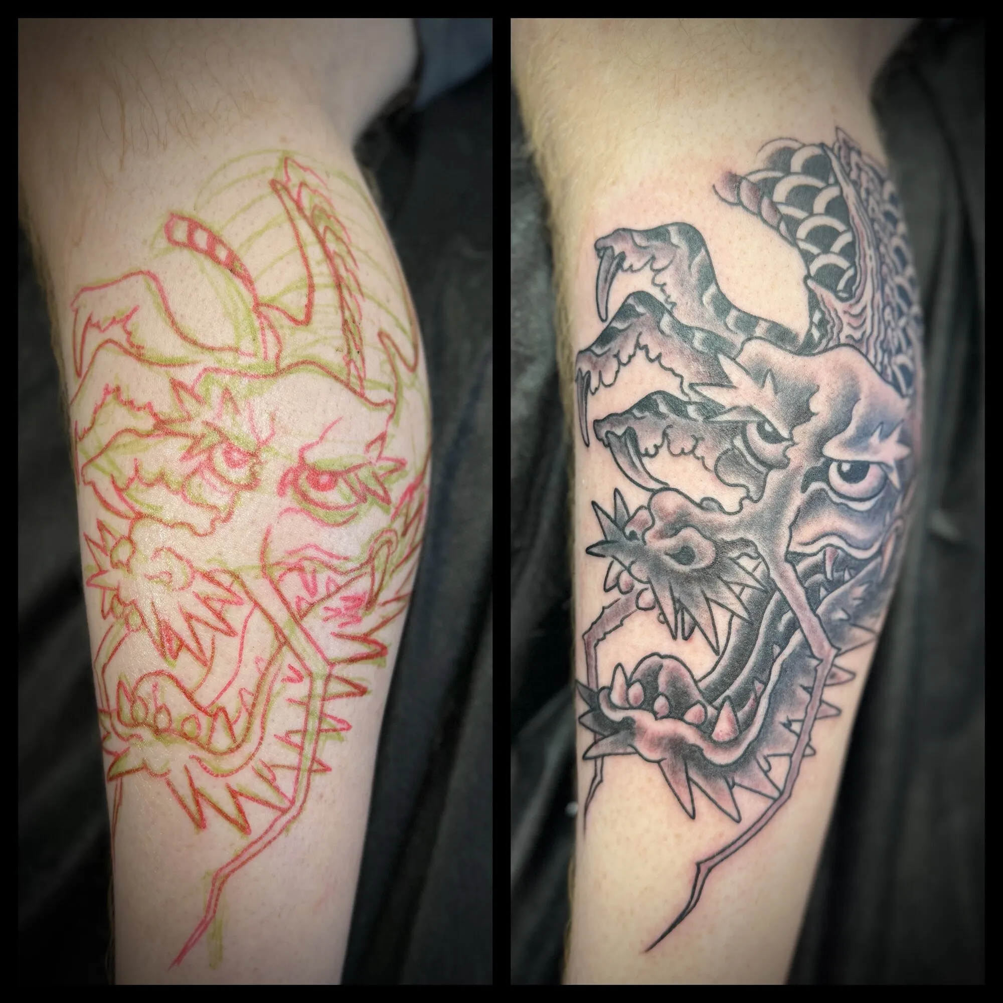 Black and grey Japanese dragon forearm tattoo shown as stencil and finished piece by Josh Robinson in Dallas, TX