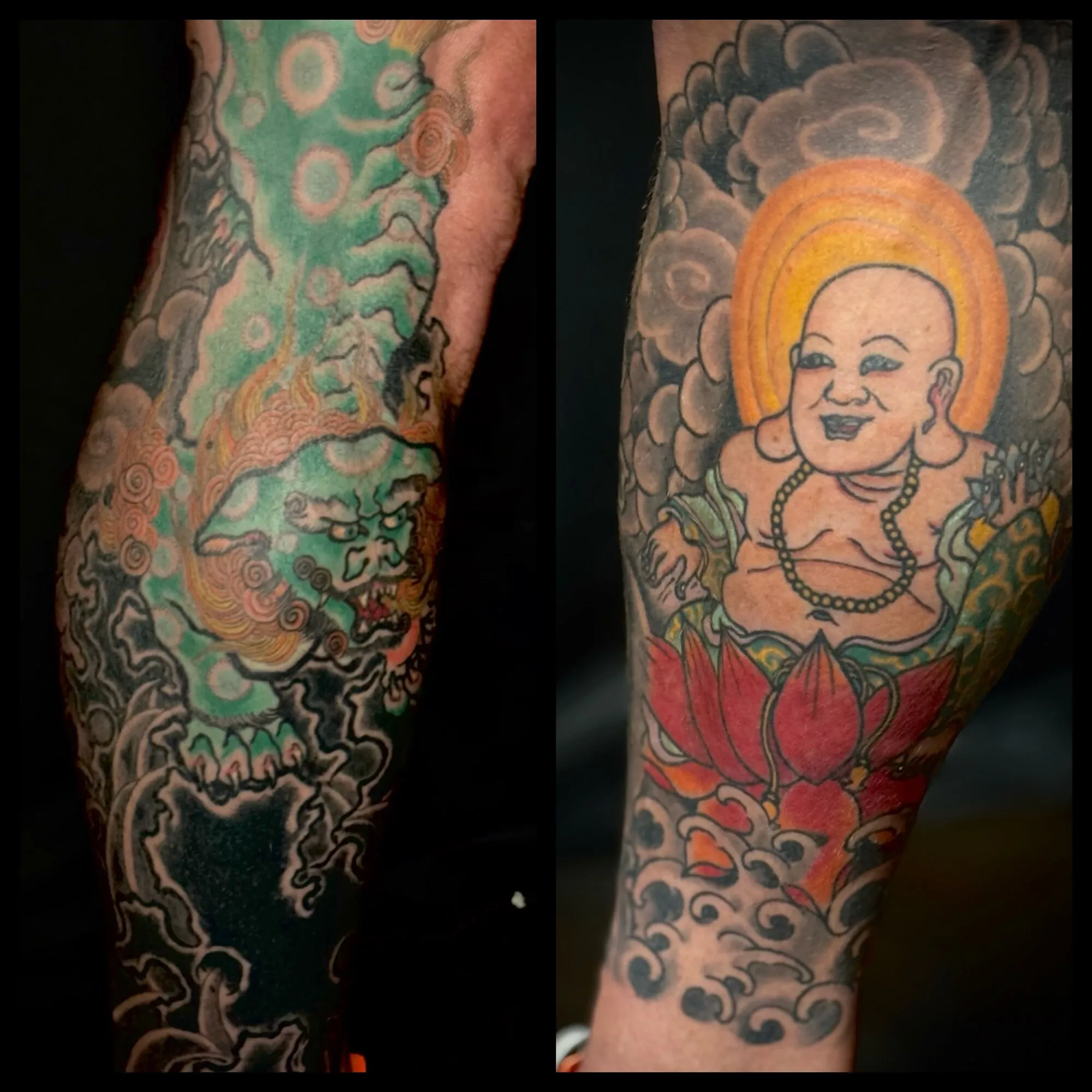 Japanese buddha and lotus leg tattoo with clouds by Josh Robinson in Dallas, TX