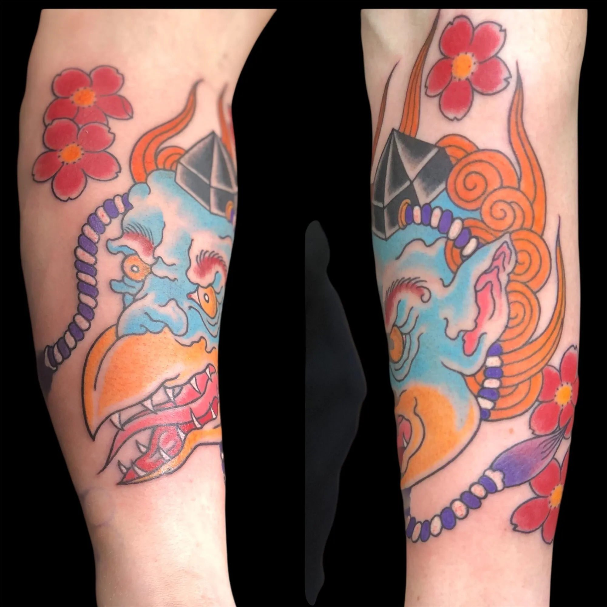 Japanese dragon and cherry blossom forearm tattoo shown from two angles by Josh Robinson in Dallas, TX