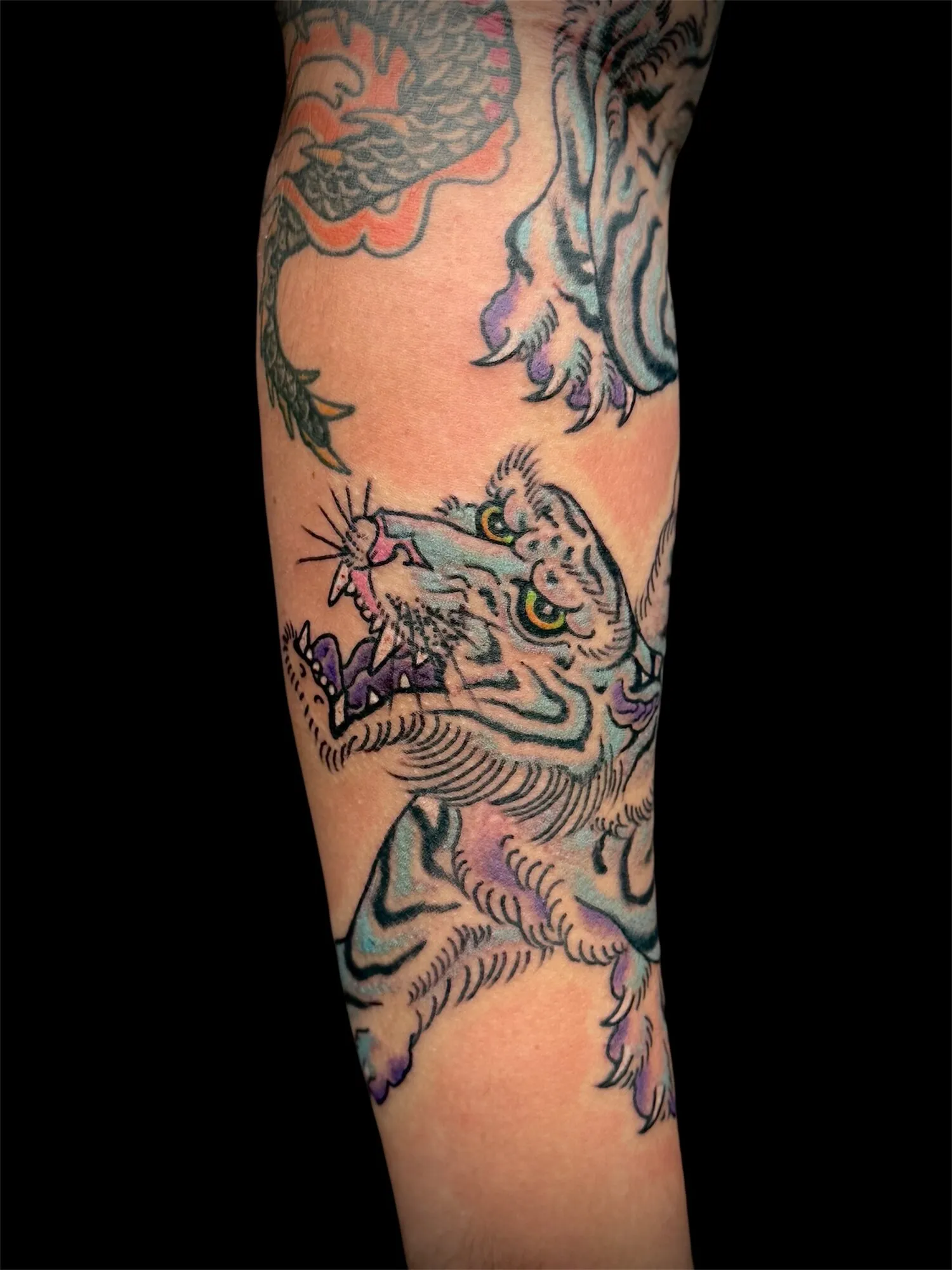 Japanese foo dog forearm tattoo in color with clouds by Josh Robinson in Dallas, TX