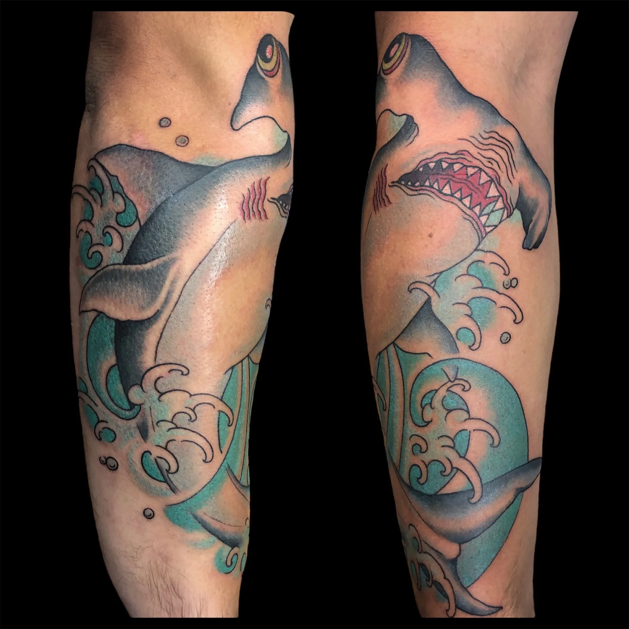 Japanese hammerhead shark and waves tattoo shown from two angles by Josh Robinson in Dallas, TX