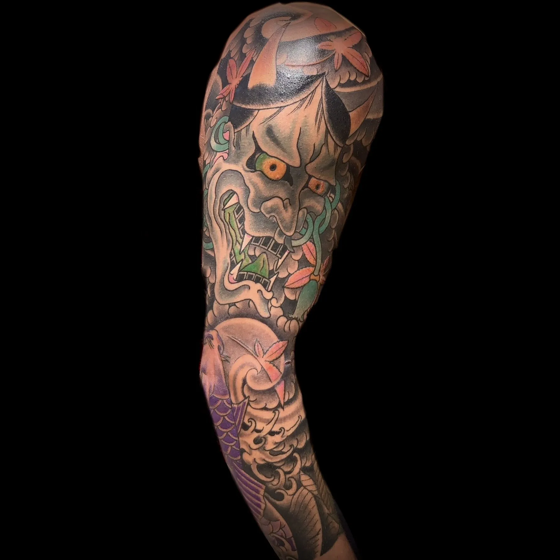 Japanese hannya mask and clouds full sleeve tattoo by Josh Robinson in Dallas, TX