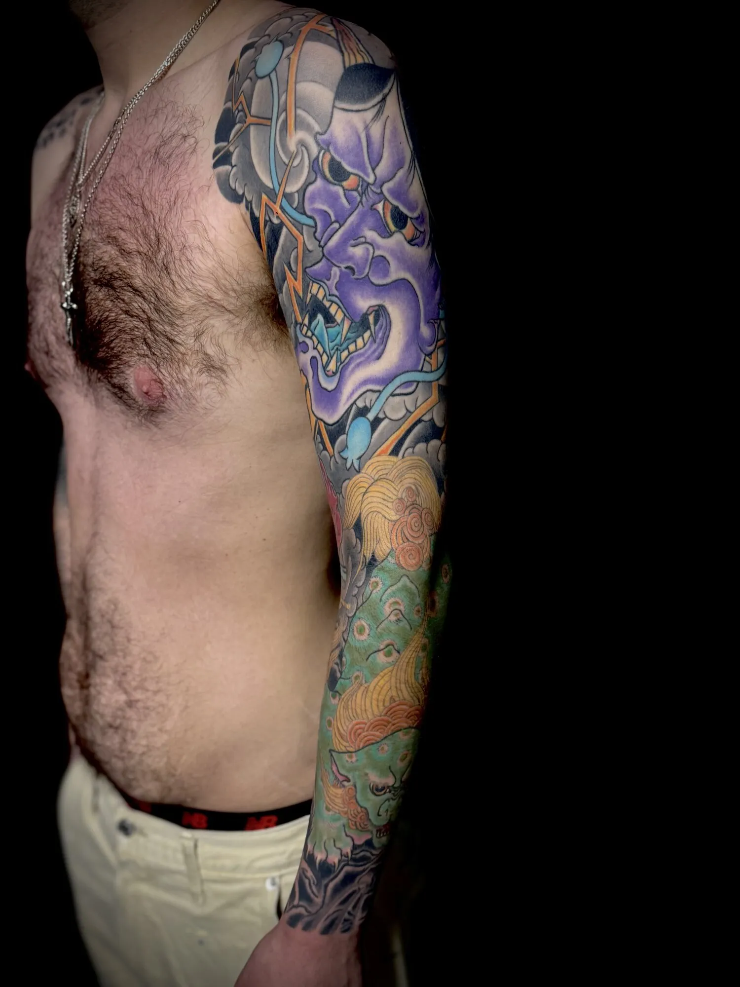 Japanese hannya full sleeve tattoo with chest panel in color by Josh Robinson in Dallas, TX