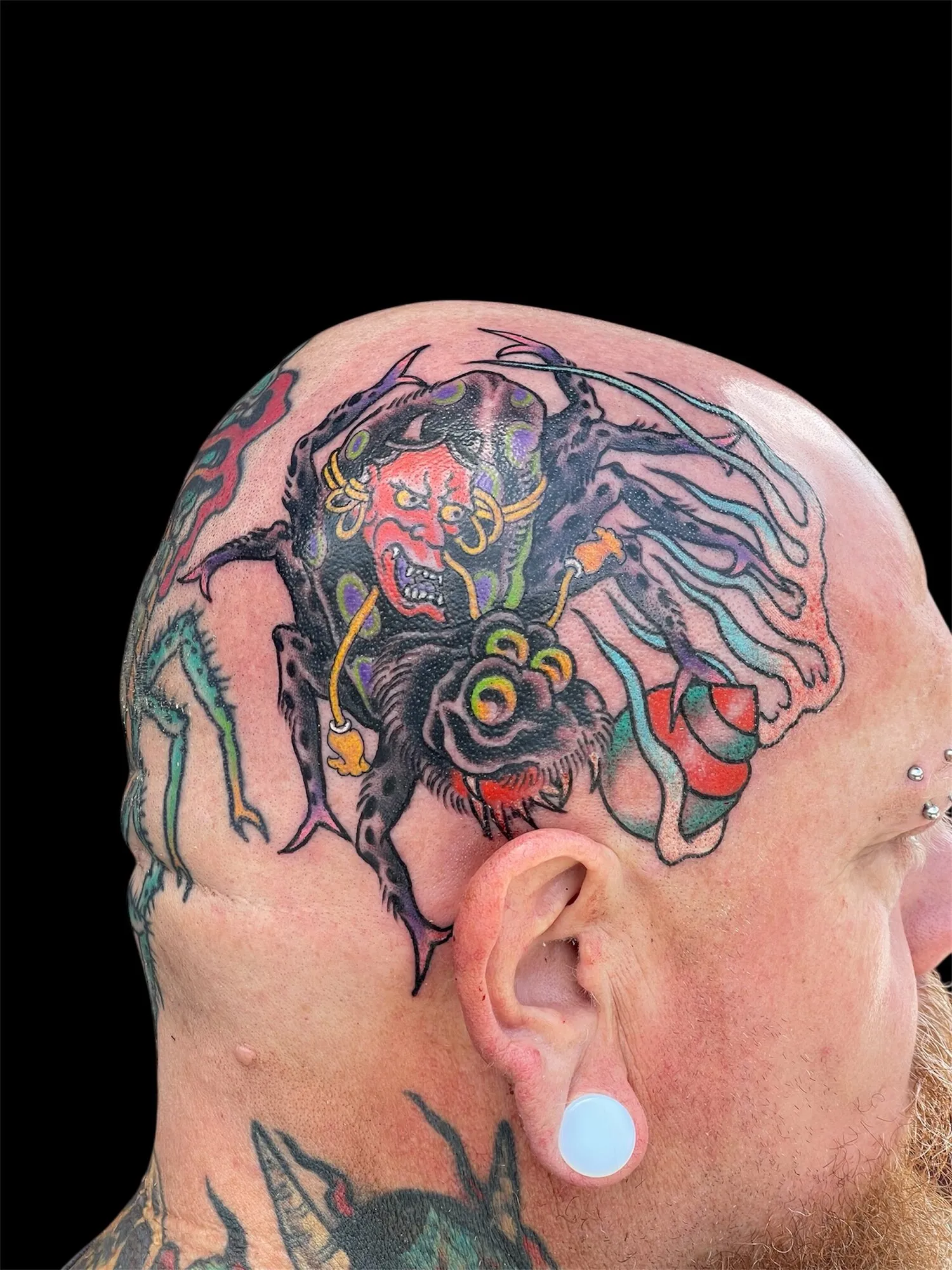 Japanese hannya spider head tattoo in color by Josh Robinson in Dallas, TX