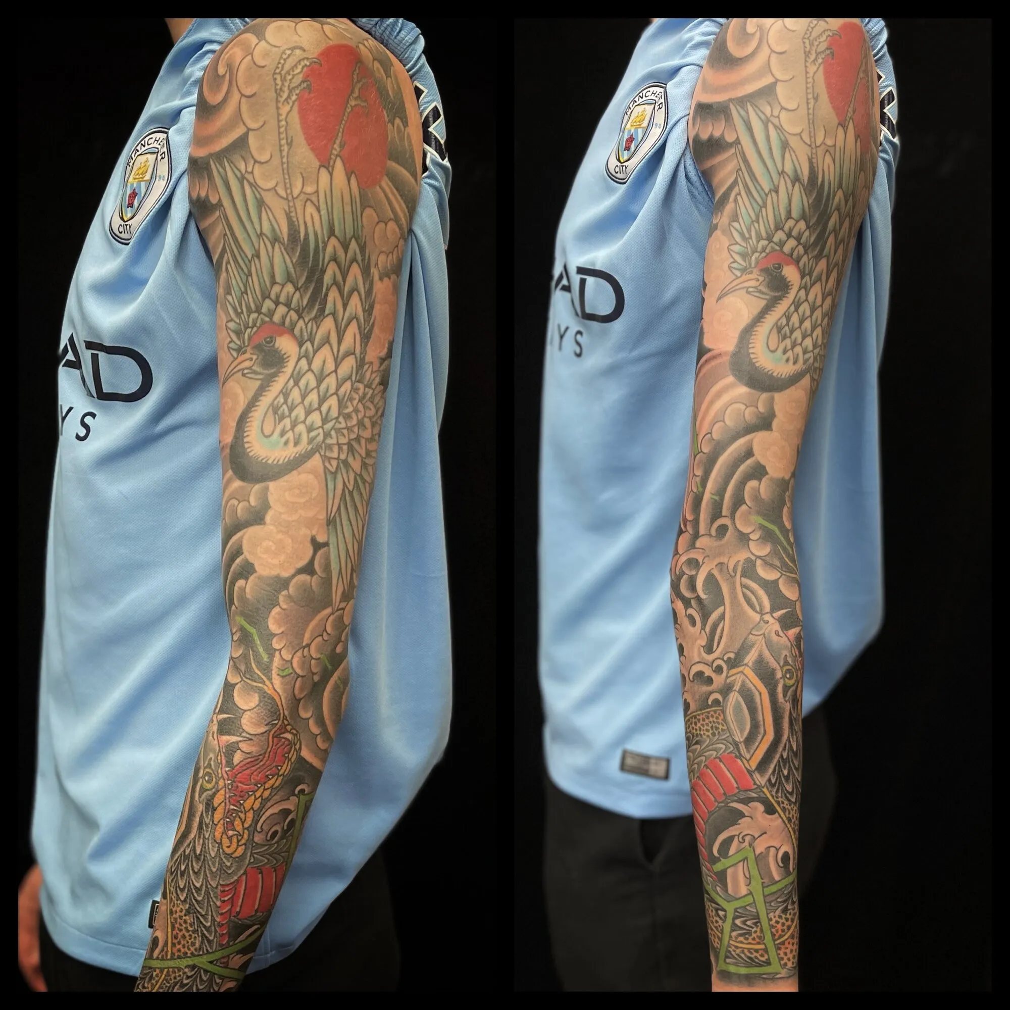 Japanese koi fish full sleeve tattoo shown from two angles by Josh Robinson in Dallas, TX