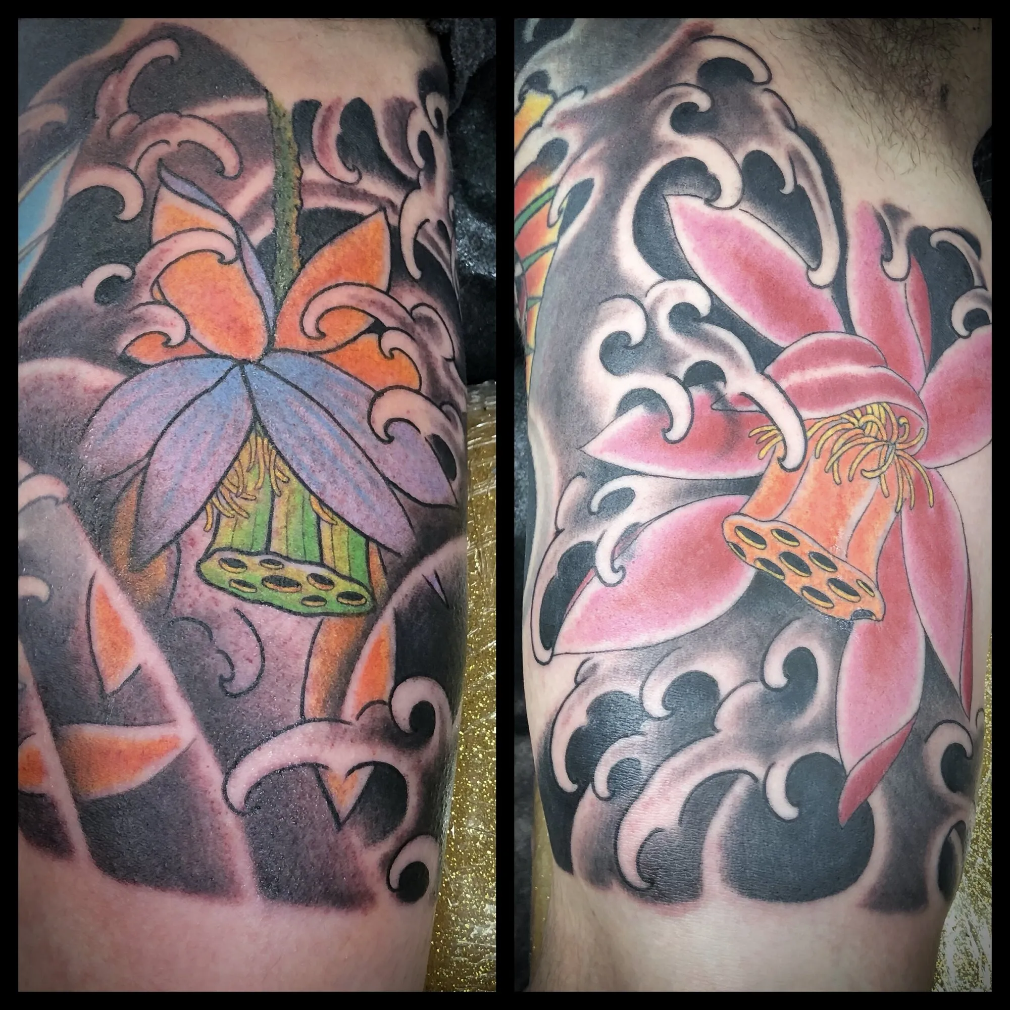 Japanese lotus flower and waves shoulder tattoo shown from two angles by Josh Robinson in Dallas, TX