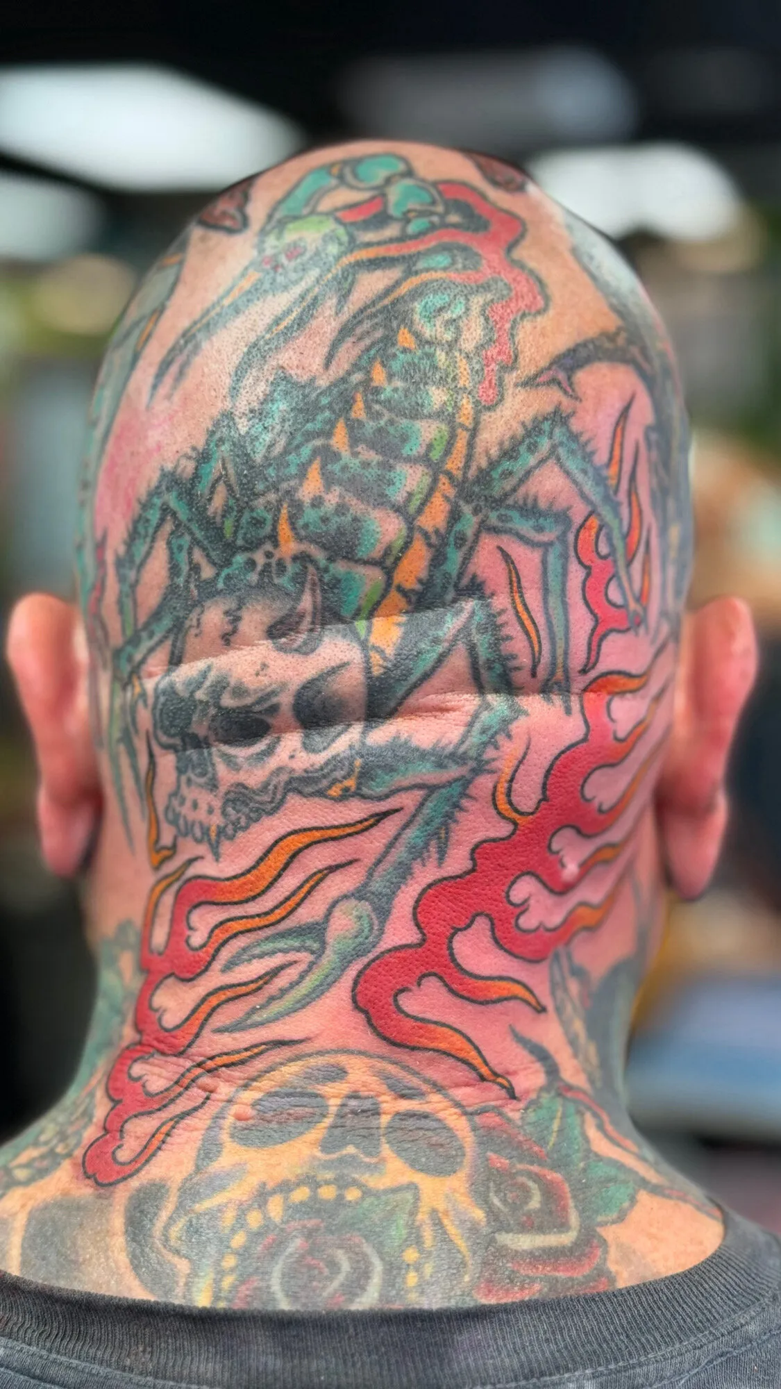Japanese scorpion, skull and flames head and neck tattoo by Josh Robinson in Dallas, TX