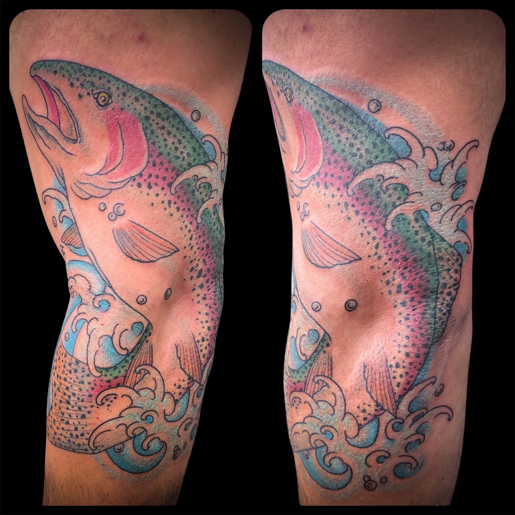 Japanese trout and waves tattoo shown from two angles by Josh Robinson in Dallas, TX