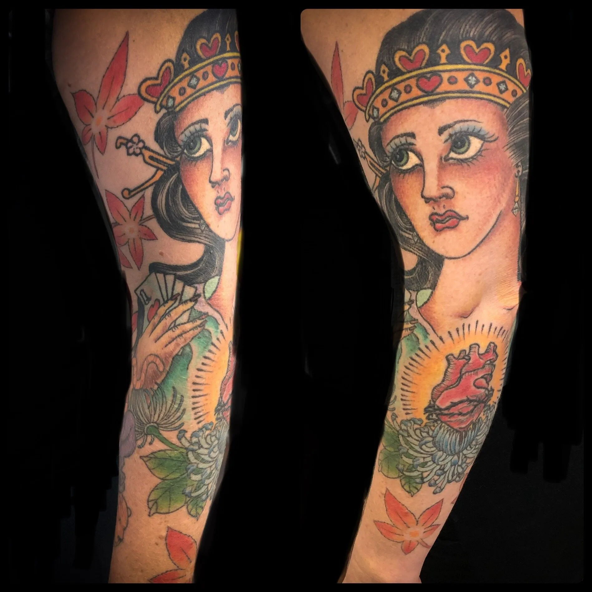 Traditional lady head full sleeve tattoo shown from two angles by Josh Robinson in Dallas, TX